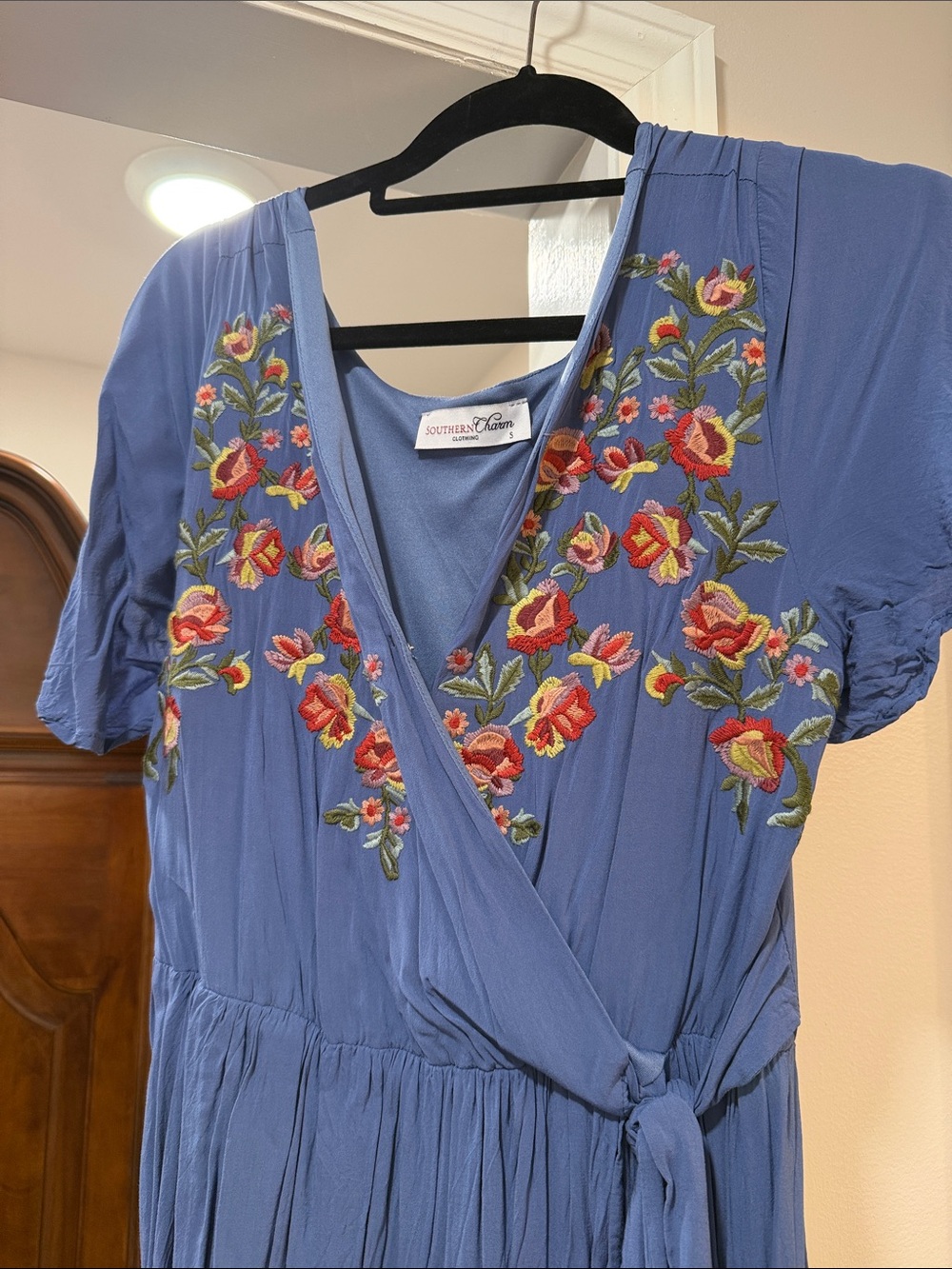 Embroidered Wrap High-Low Dress in Periwinkle